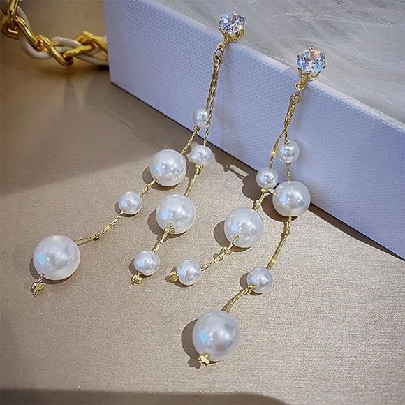 Long Gold Pearl Earrings